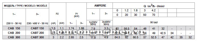 Bảng thông số kỹ thuật của máy bơm nước Pentax CAB